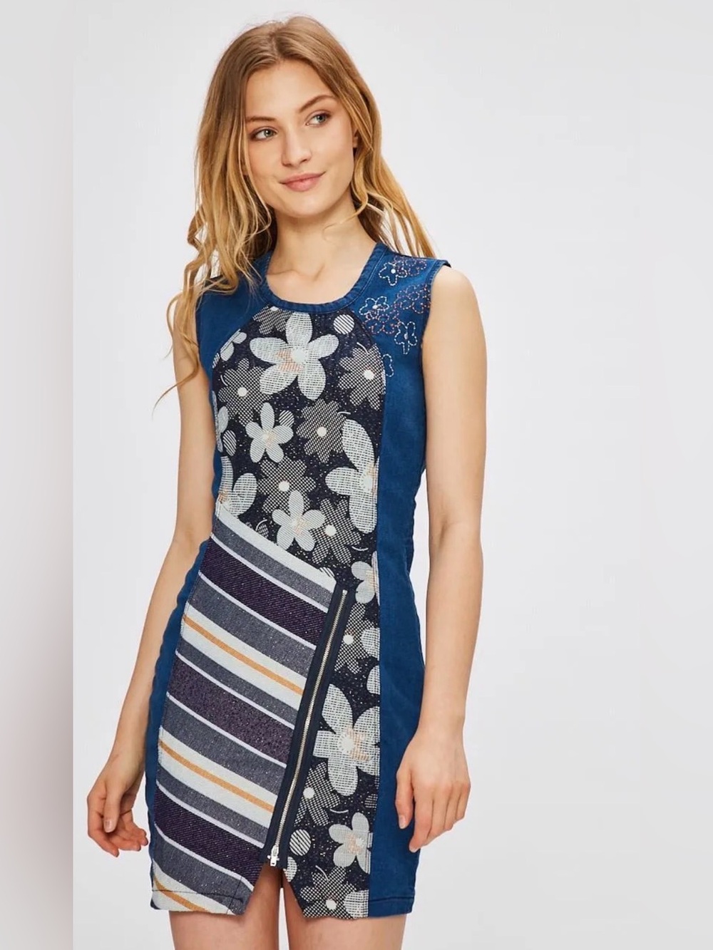 Desigual Daisies No Sleep Patchwork Asymmetrical Sleeveless Dress